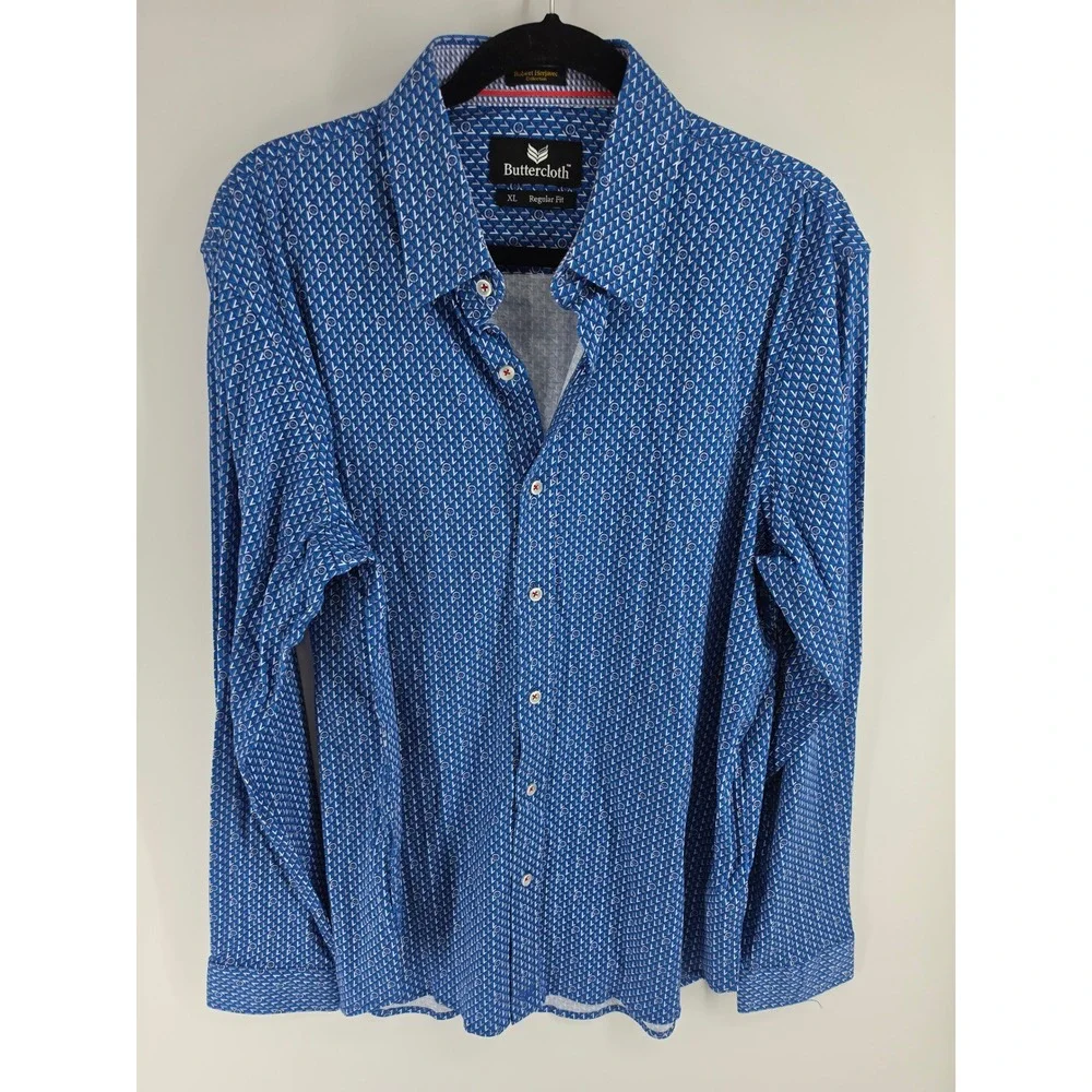 Buttercloth Robert Herjavec Blue Steering Wheel Print Knit Button Down Shirt XL
